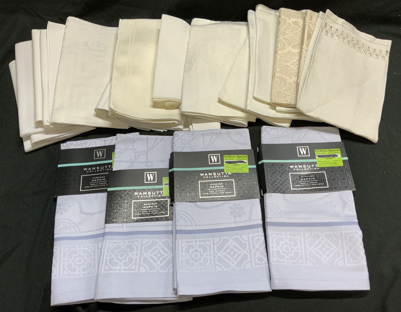 Lot 25+ Assorted White & Blue Gardiner Napkins: Lot 25+ Assorted White & Blue Gardiner Napkins Lot includes 25 assorted napkins. Napkins have an off white color & blue. 4 Gardiner napkins are new with packaging. WAMSUTTA COLLECTION. Signed & marked