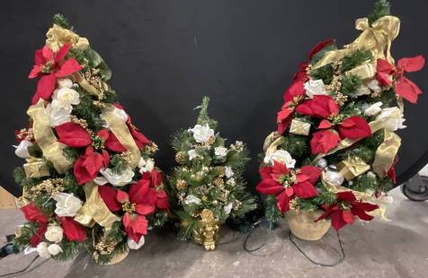 Lot 3 Pre Decorated Christmas Holiday Trees: Lot 3 Pre Decorated Christmas Holiday Trees. The trees are corded. The larger trees measure approx. 28H x 12W in. Crafted from fabrics, plastic, and glitter. Not tested for function. Surface wear, loo