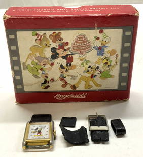 WALT DISNEY BRADLEY Mickey Mouse Watch W Box: WALT DISNEY BRADLEY Mickey Mouse Watch W Box Watch features an image of Mickey Mouses hands serving as the hour & minute hands of the watch. Dial reads BRADELY & WALT DISNEY PRODUCTION. Watch needs vi