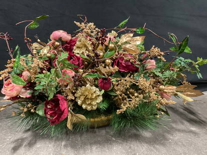 Lot 2 Faux Floral & Foliage Arrangements: Lot 2 Faux Floral & Foliage Arrangements. Pieces are crafted from fabric, plastic, and other materials. Pieces are green, pink, brown, gold tone hues, and more. One grouping of florals is contained in