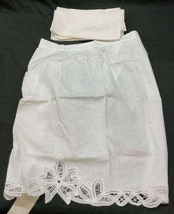 Lot 7 Table Linen & Apron,  Makylene Spain & More: Group lot of 7 table linen apron. One napkin has tag that reads Makylene Made in Spain. Apron has tag that reads Handmade batten lace. Embroidered and lace details. Floral themes. Napkin measures appr