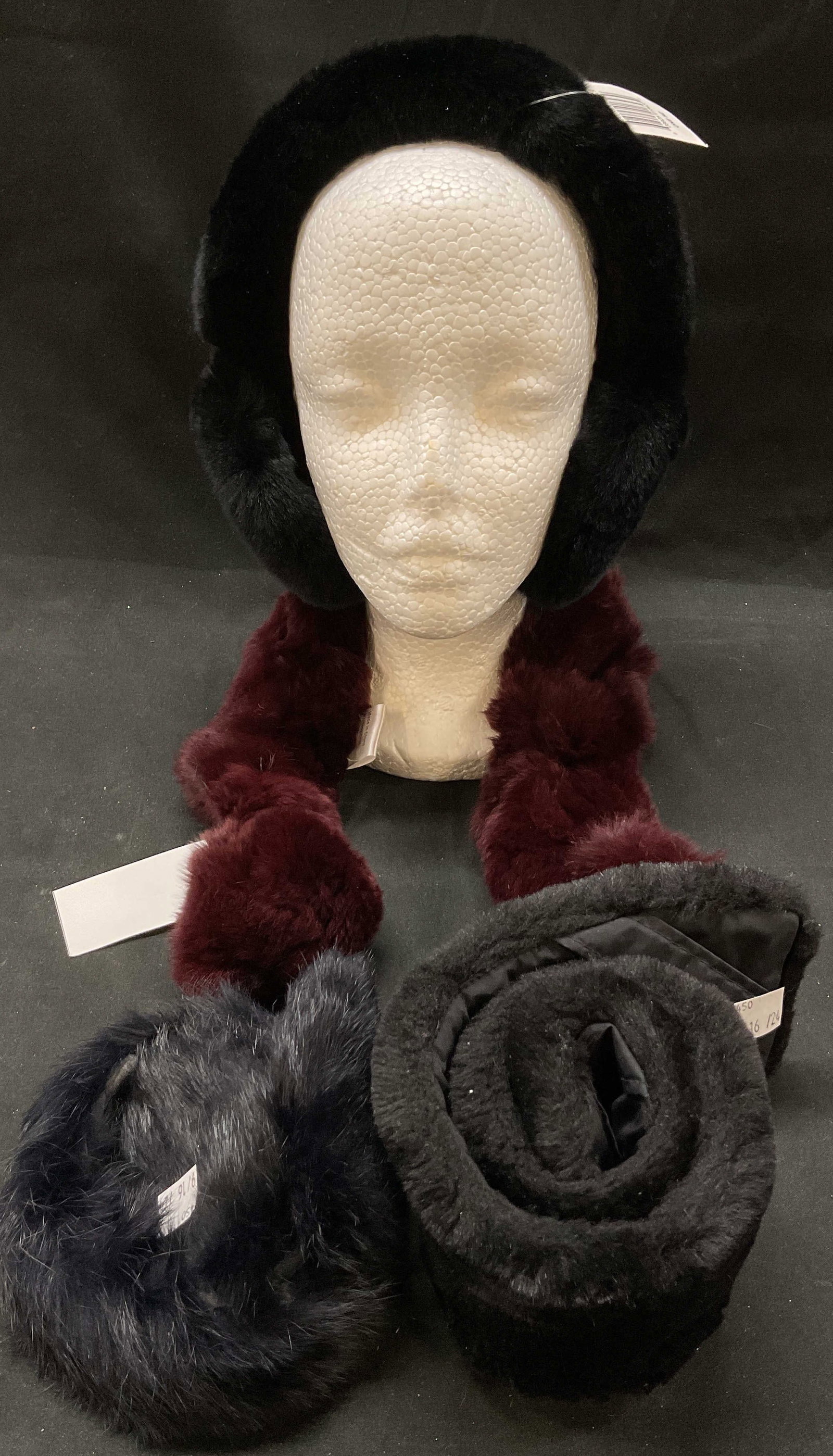 4 Earmuffs & Scarf, Saks Fifth Avenue Belle Fare+: Lot 4 earmuffs scarf. Lot includes 2 earmuffs, 1 scarf, 1 detachable fur trim. Black dyed rabbit fur, wine colored quality real fur. Scarf measures 25 inches long. Some surface wear consistent with ex