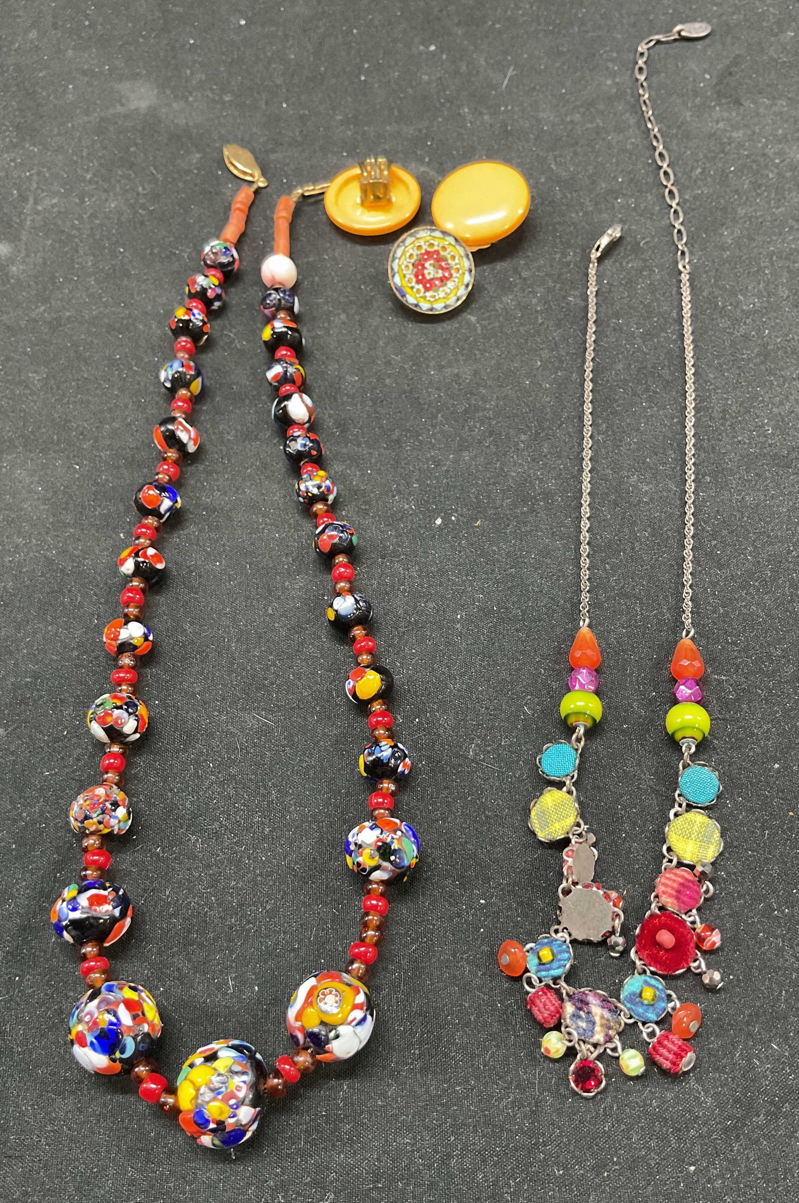 Lot 5 Vtg Ayala bar Glass Bead Necklace Pins: Lot of 5 vintage Ayala bar glass bead necklaces and pins. Lot includes 2 necklaces and 3 pins. Longer necklace drop length approx 9.5 inches. Some wear including scratching observed. Jewelry, costume 