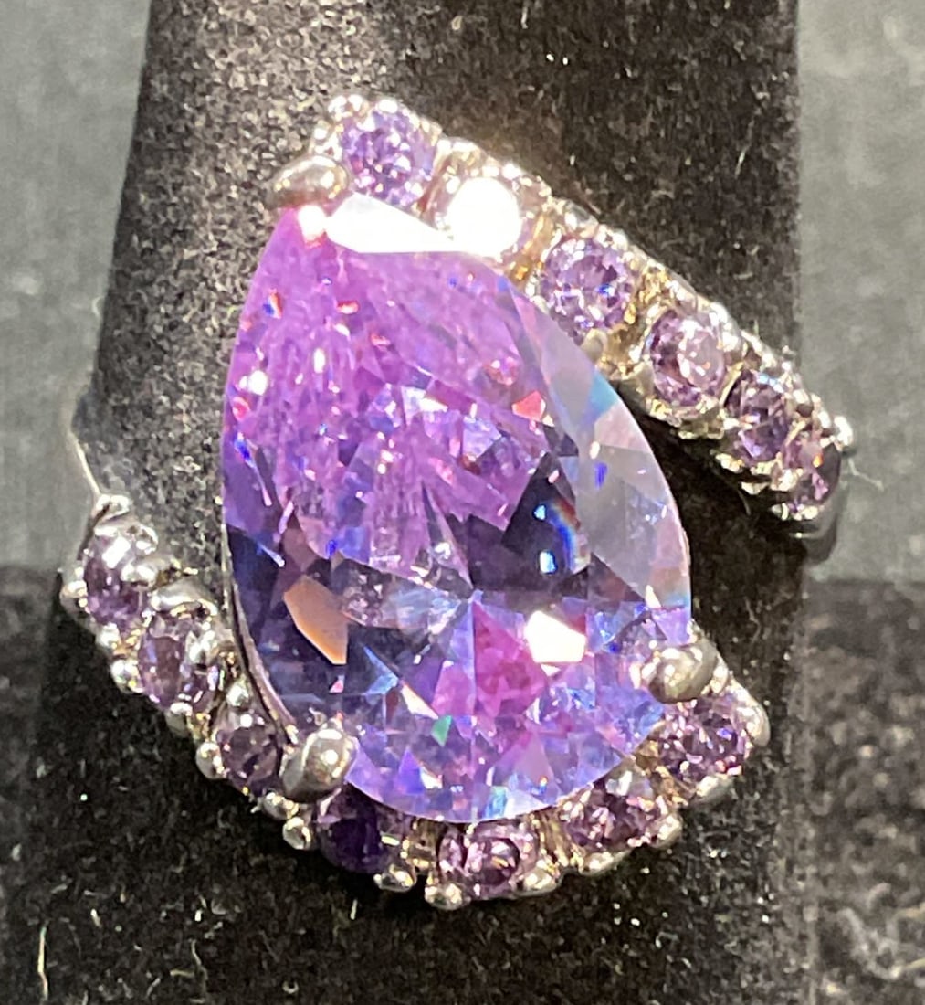 Silver Tone Purple Crystal Cocktail Ring (1 of 6)