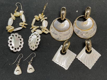 Lot 5 Vtg Shell & Mother of Pearl Earrings: Lot of 5 Vintage pairs of shell and mother of pearl earrings. Largest measure approx 2 inches long. Some wear including scratching. Jewelry, estate jewelry, costume jewelry, cocktail jewelry, fashion