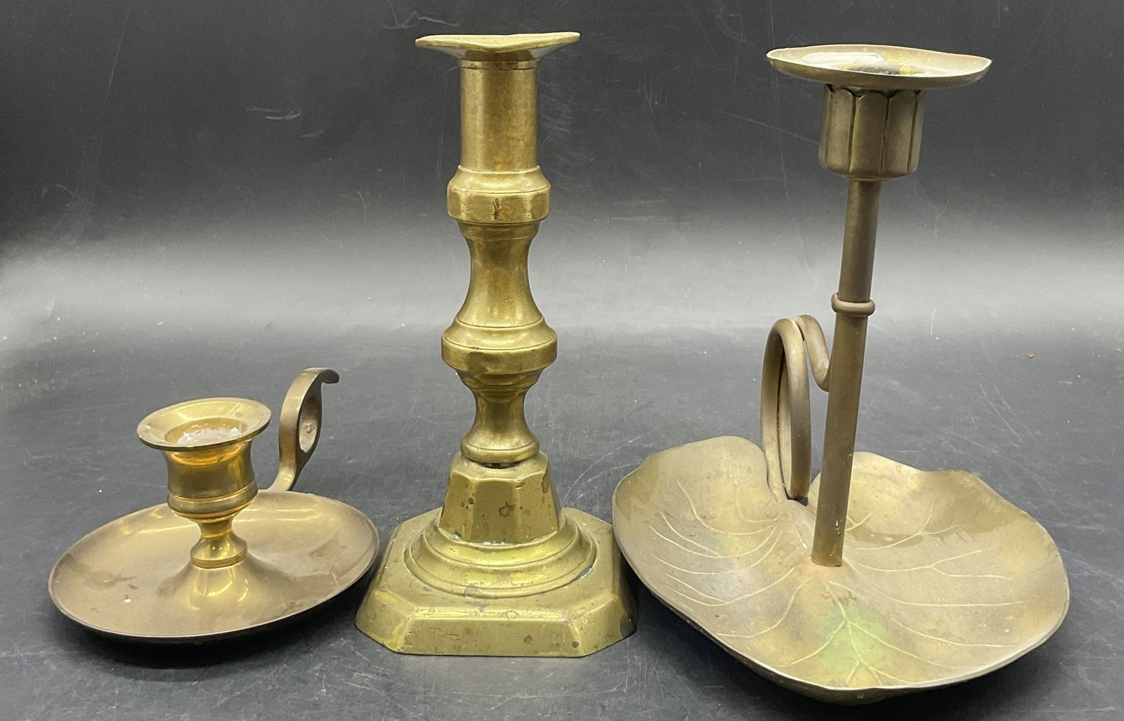 Lot 3 Vintage Brass Candlesticks, Leaf Motif + (1 of 8)