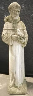 Vintage Saint Francis Stone Garden Statuary: Vintage Saint Francis Stone Garden Statuary. Saint Francis is depicted holding a bird. Measures approx. 30H x 8.5W in. Chipping, discoloration, and residue present. home decor, home accents, homewares