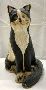 Folk Art Paper Mache Cat Sculpture: Folk Art Paper Mache Cat Sculpture Hand-painted black & white cat sculpture. Cat is in a sitting position & appears to be made out of paper mache. No visible signature or markings. Surface wear consis