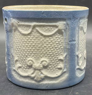Vintage Blue & White Stoneware Crock / Planter: Vintage Blue & White Stoneware Crock / Planter. Weighty. Drilled holes to the underside and towards the rim. Measures approx. 5H x 6W in. Cracking, crazing, surface wear, pitting, and imperfections pr