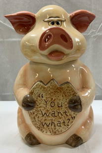 Chunky Pig You Want What? Ceramic Cookie Jar: Chunky Pig You Want What? Ceramic Cookie Jar Ceramic cookie jar depicting a pig holding a cookie with the phrase, You Want What? Surface wear consistent to age, use & exposure. Measurements: length 4.