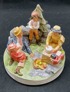 Vtg Sebastian Figurine Family Picnic USA: Vintage Sebastian Miniature figurine family picnic. Prescott W. Baston. Hand cast, hand painted ceramastone and ceramic figurines. Made in USA. Signed on underside. America Remembers? series. 4 x 3.5
