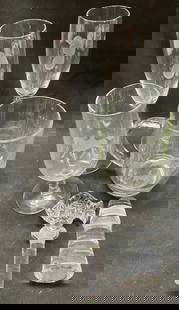 Lot 6 Glass Barware, Luminarc, France & More: Crystal wine bottle stopper, Champagne glasses, drinking grasses, mug, decanter. Etched with horse racing, squirrel shell designs. Fish design bottle stopper. Mug marked Luminarc. Stemware is marked F