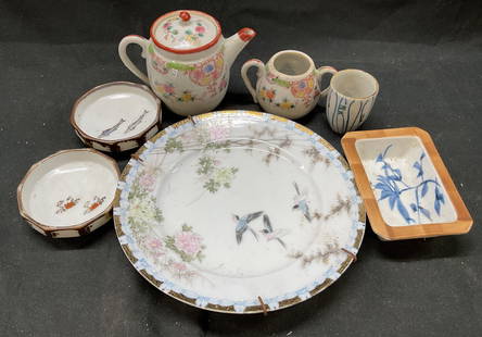Lot 7 Ceramic Tea Set Plate Trinket Dish Japan+: Lot 7 ceramic tea set, plate, trinket dishes. Hand painted mini tea pot, sake glass, tea cup, sugar bowl creamer, trinket dishes. Floral, fish, crab, bird pattern designs. Hallmarks include signatures