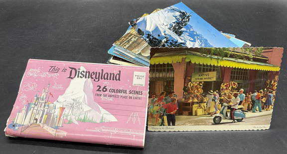 30+ Vintage Ephemera & Postcards, Disney+ 1964+: Group lot of vintage ephemera and postcards. The lot includes a THIS IS DISNEYLAND 26 COLORFUL SCENES Packet. The packet includes 13 pieces with a different image on either side. The postcards are fro