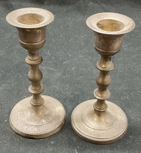 Set 2 Antique Brass Candle Holders India: Set 2 antique brass candle holders. Round base. Taper candle holder. 5 x 2.25 inches. Made in India. Some surface scratching, residue, and discoloration observed. Candle holders, brass candle holder,