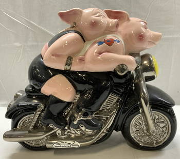 CLAY ART Biker Hogs Ceramic Cookie Jar USA 1999: CLAY ART Pink Biker Hogs Ceramic Cookie Jar Ceramic cookie jar featuring pigs riding a black motorcycle. Cookie jar is hand-painted. Signed & marked on underside. READS CLAY ART, SAN FRANCISCO. Surfac