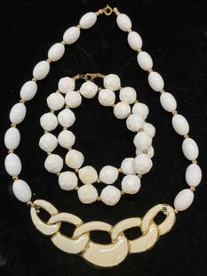 Lot 2 Vtg White Gold Tone Beaded Necklaces: Lot of 2 Vintage white beaded necklace with gold tone accents. Longer drop length approx 9 inches. Some wear including scratching observed. Jewelry, estate jewelry, costume jewelry, cocktail jewelry,