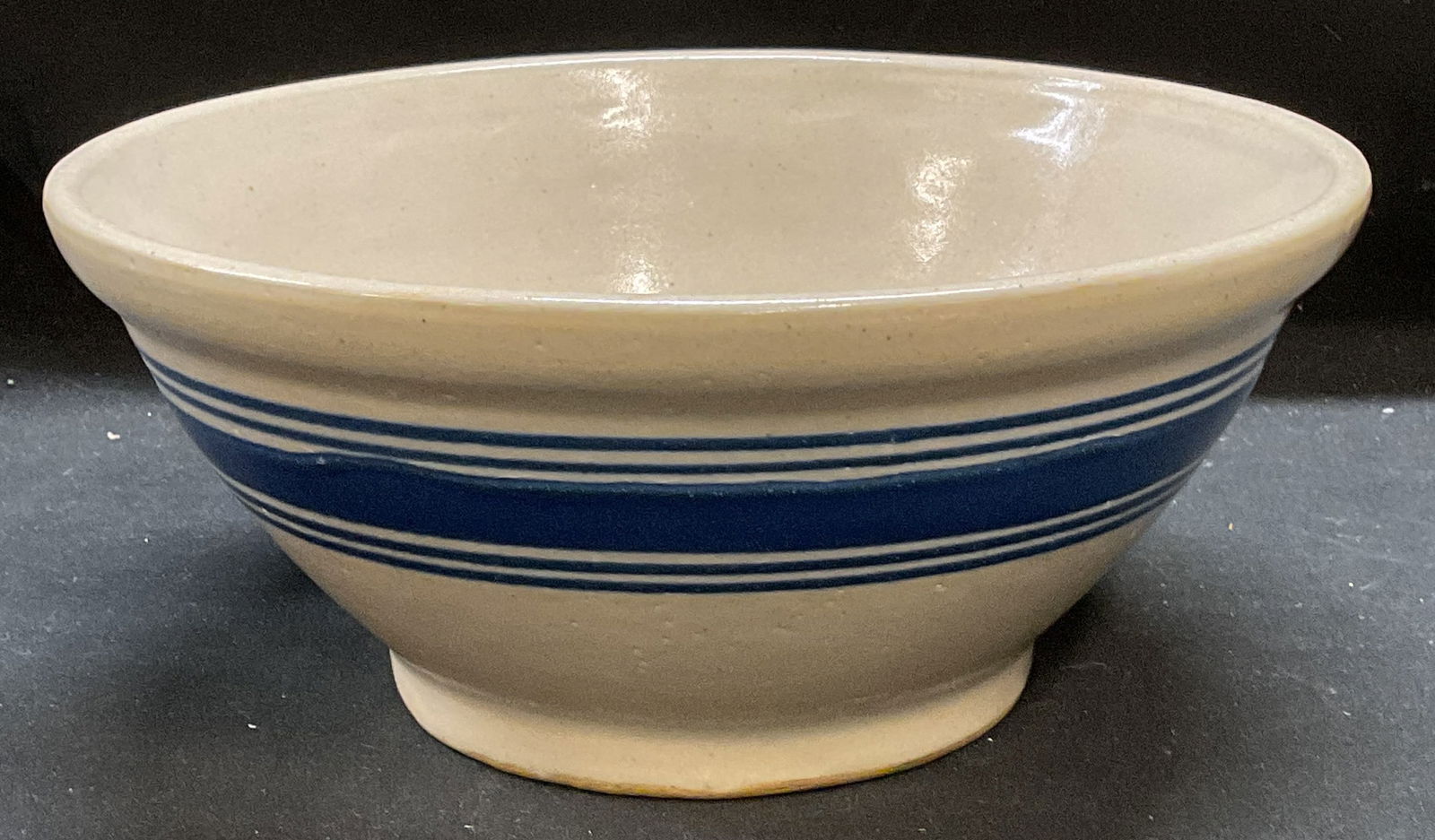 Antique Blue Banded Stoneware Bowl: Antique stoneware bowl with blue banded design. Hand painted. Measures approx 10 x 4.25 inches. Some wear including scratching observed. Antiques, antique bowl, antique stoneware bowl, antique mixing