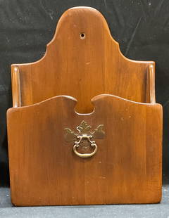 Vintage Wooden Wall Mounted Letter Box: Vintage wooden wall mounted organizing box for mail, letters, or other accessories. Brass ornamentation. Measures approx 9.25 x 2.75 x 12.25 inches. Some scratching observed. Wall box, letter box, wal