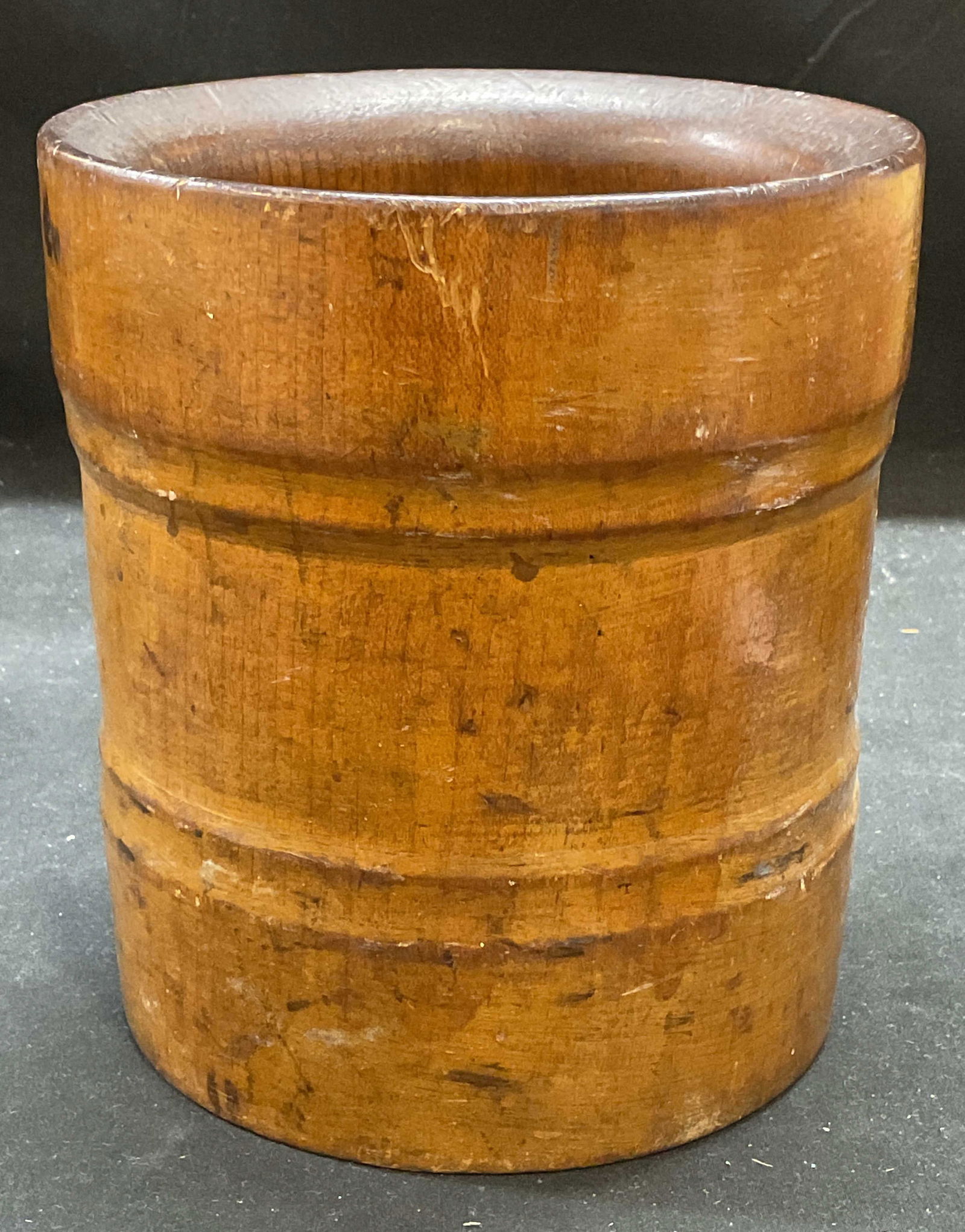Antique Hand Turned Wooden Mortar Vessel: Antique hand turned wooden vessel. Appears to be a mortar. Measures approx 6 x 6.5 inches. Surface wear including scratching observed. Antiques, collectibles, hand turned mortar, wood mortar, antique