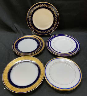 Lot 9 Porcelain China Dinner Salad Plates, Spode +: Lot of 9 porcelain china dinner and salad plates. Spode, OVINGTON Bros, Rosenthal, cahrenfelot, Cilman Collamore, Royal DOULTON, J.P. Decor. Signed on underside. France, USA, Germany. Largest plates m