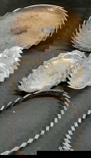 Lot 4 Antique Silver Plated Metal Trays: Lot 4 antique silver plated metal trays and plate rim. Oval silver plated tray. Etched floral designs, scalloped edges. Signed on underside. 15.5 x 10 inches. Discoloration, scratching, wearing, rusti