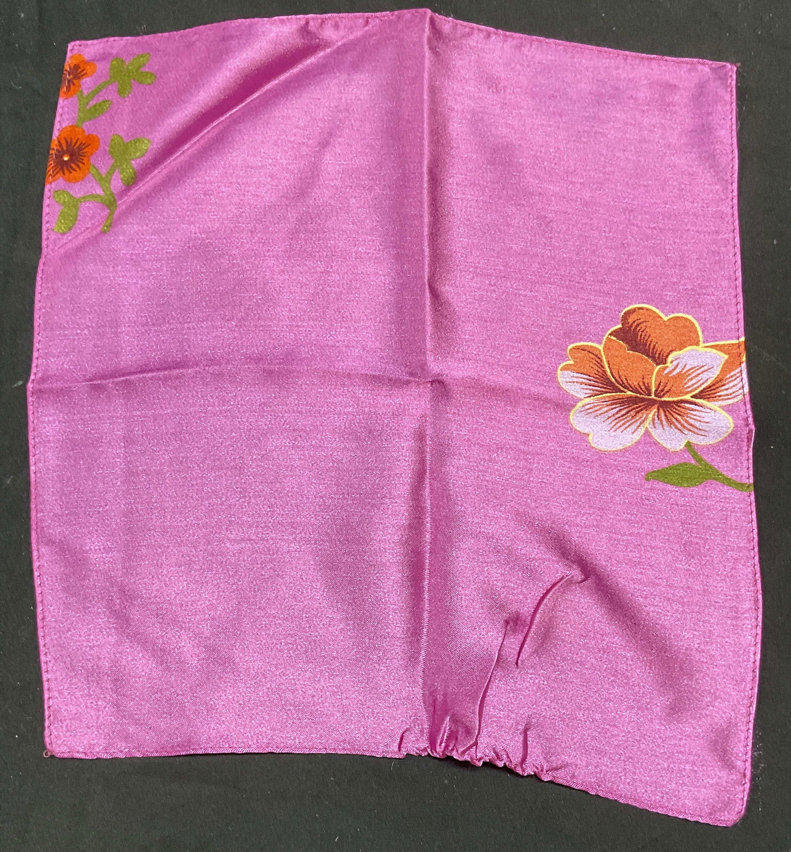 Vintage Purple Floral Print Handkerchief: Vintage floral print handkerchief in purple. Feels like silk, possibly synthetic. Measures approx 11.5 x 10.5 inches. Some pulls observed. Handkerchief, purple handkerchief, floral handkerchief, vinta