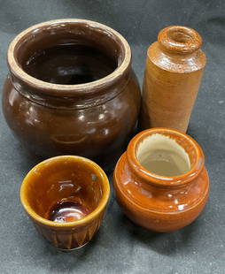 Lot 4 Vtg Port Dundas Pottery Ceramic Jars Cups: Lot 4 vintage Port Dundas Pottery ceramic jars cups. Various brown shades clay pot. Vintage stoneware bottle, inkwell, small storage jar. 3.5 x 3.5 inches. Some surface wear consistent with exposure.