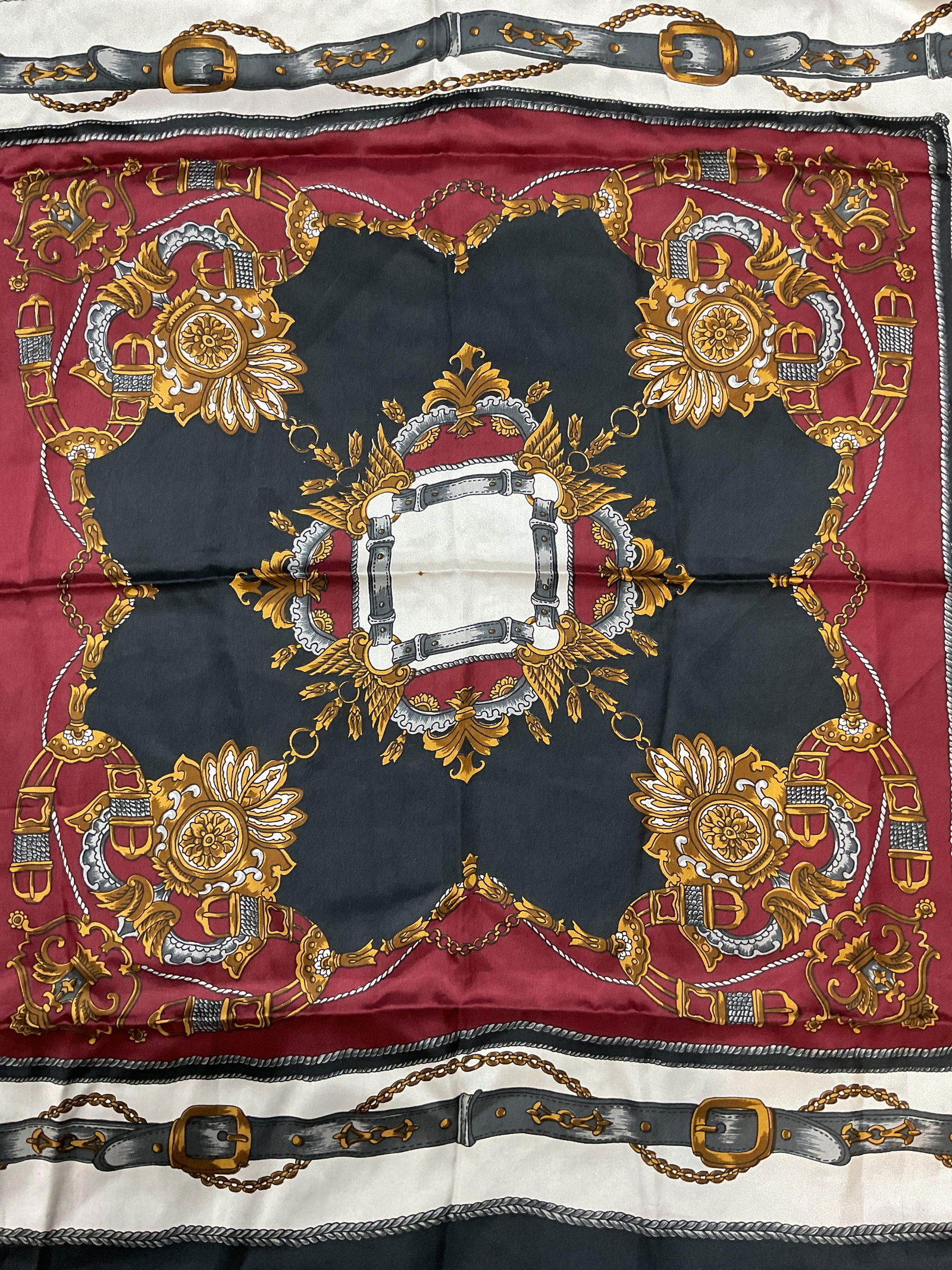 Vintage Burgundy Gold Equestrian Print Silk Scarf (1 of 6)