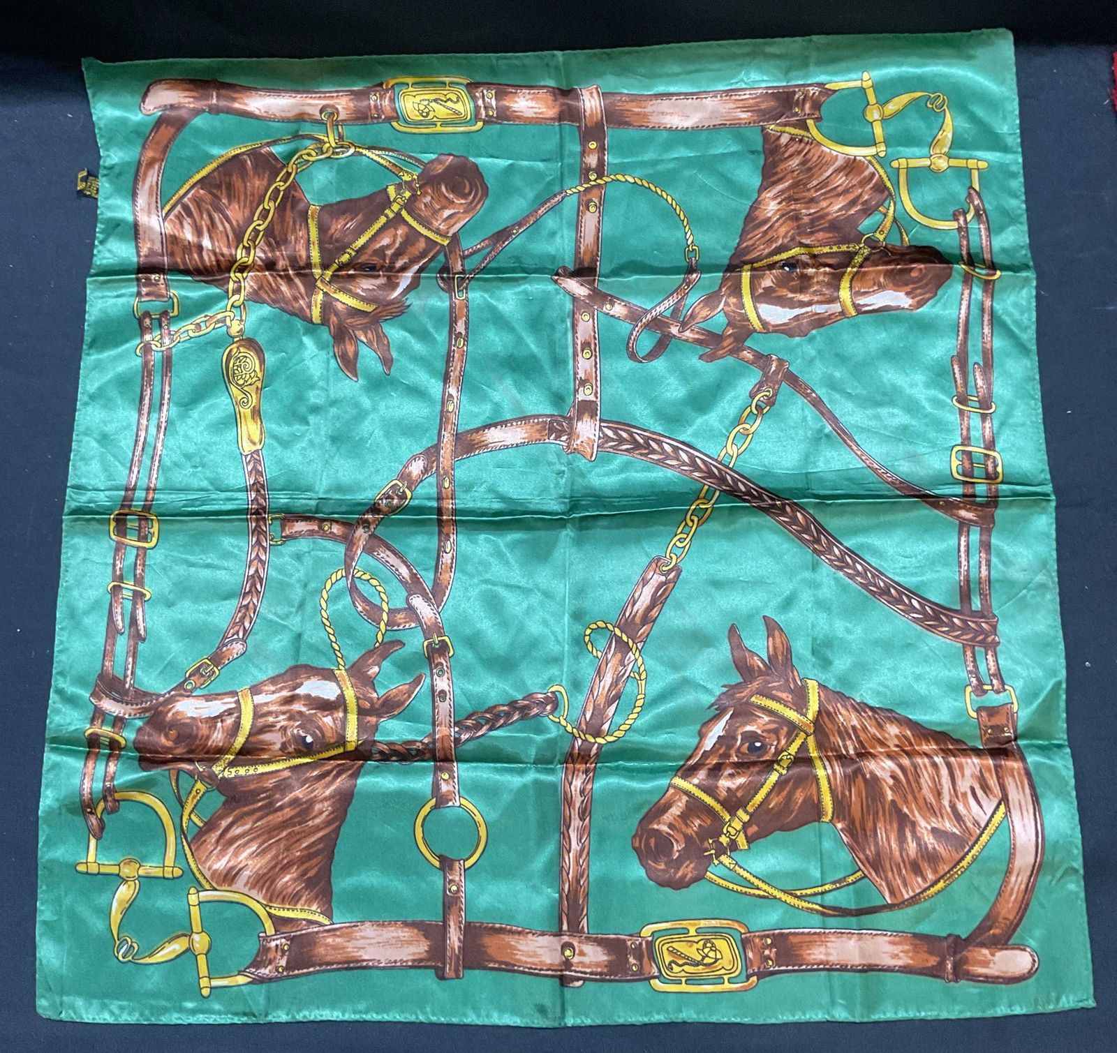 Vtg Green & Brown Equestrian Horse Print Scarf (1 of 7)