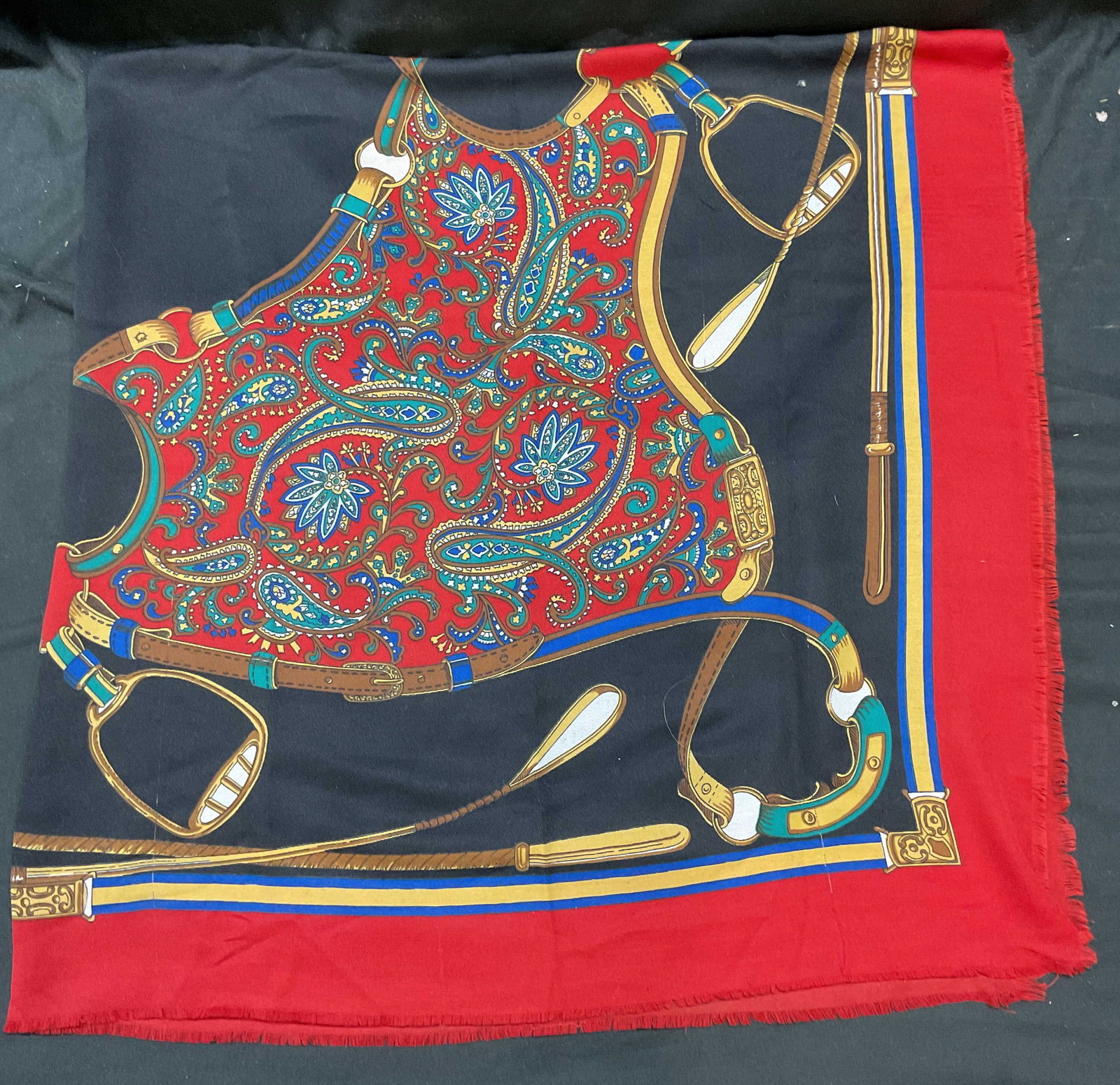 Vintage Red & Black Equestrian Print Wool Scarf: Vintage equestrian motif print scarf with fringe edge. Feels like wool. Measures approx 44 x 44 inches. Some wear including pulling and blemishes observed. Accessories, fashion accessories, wearables,