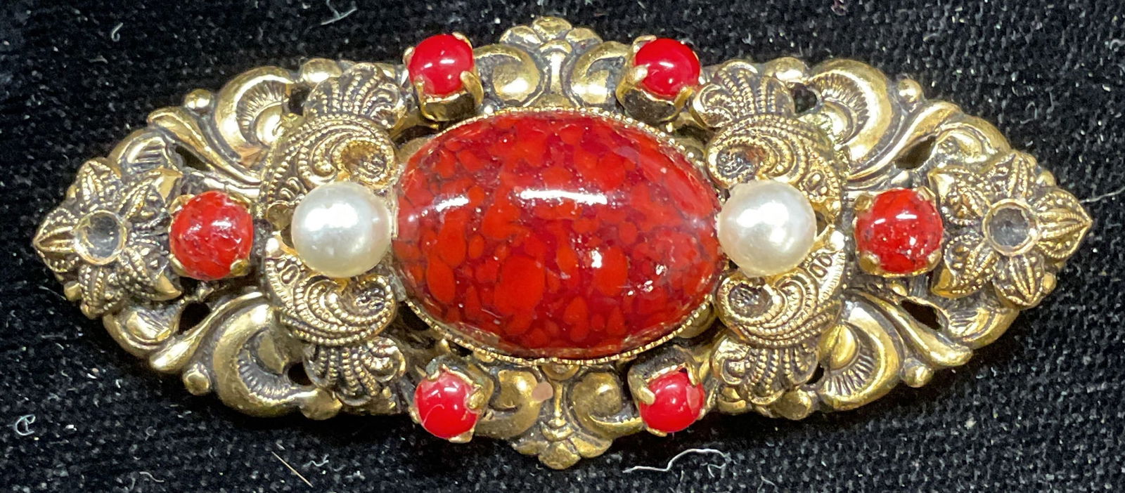 Sgn Gold Tn Faux Pearl & Red Cabochon Brooch (1 of 6)