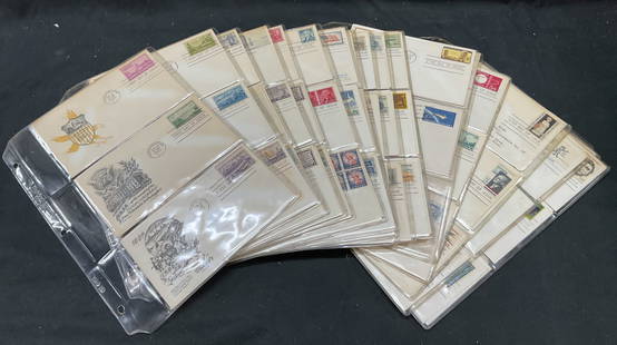 Lot 20+ Vtg 1950-60s First Day Issue Mail Stamps: Lot 20+ Vintage 1950-60s First Day Issue Envelopes stamps. 20+ black & white, colored printed Envelops. Stamps included on each envelope. Envelopes feature images of museums, buildings, trains, people
