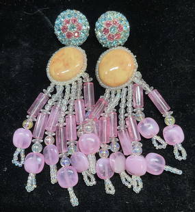 Lot 2 Vtg Pink Beaded & Crystal Earrings: Lot of 2 pairs of vintage earrings. Pink beaded dangle earrings and pink and blue crystal flower earrings. Larger pair measure approx 4 inches long. Some scratching observed. Jewelry, estate jewelry,