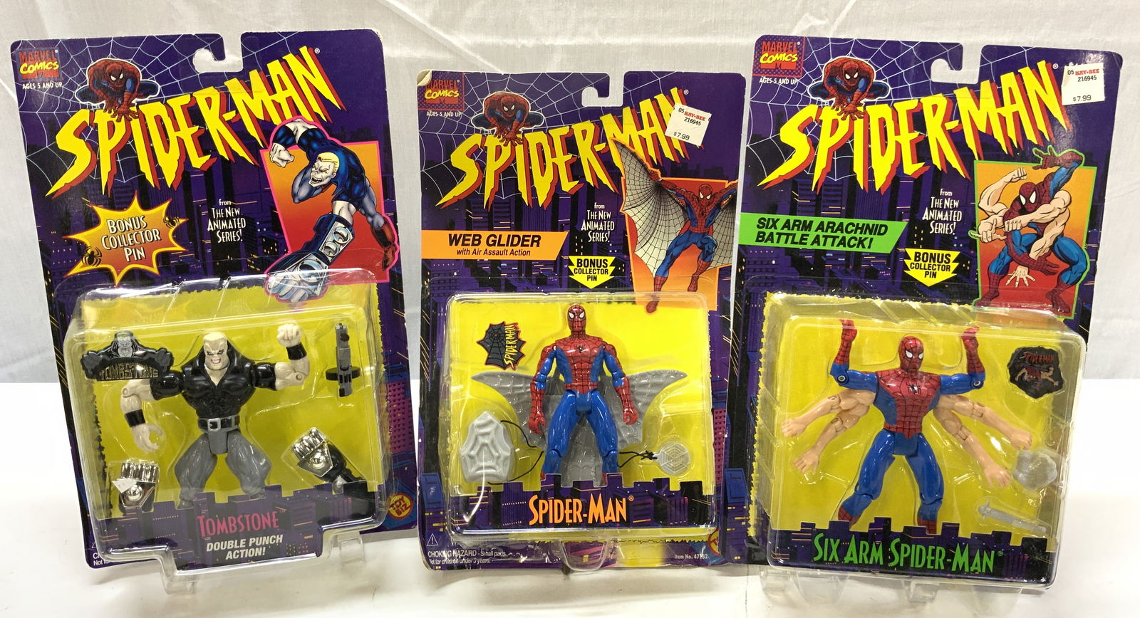 Lot 3+ 1995 MARVEL Spider-Man Action Figures NIP: Lot 3+ 1995 MARVEL Spider-Man Action Figures NIP 3 NEW IN PLASTIC action figures. Figures depicting Spider-Man, Tombstone & Six Arm Spider-Man. Released in 1995. Surface wear consistent to age, use &