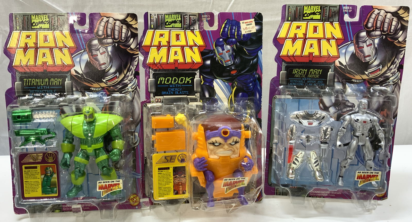 Lot 3+ 1995 MARVEL Iron Man Action Figures NIP: Lot 3+ 1995 MARVEL Iron Man Action Figures NIP Lot 3+ 1995 MARVEL Spider-Man Action Figures NIP 3 NEW IN PLASTIC action figures. Figures depicting, Titanium Man, Iron Man & Modok. Released in 1995. Su