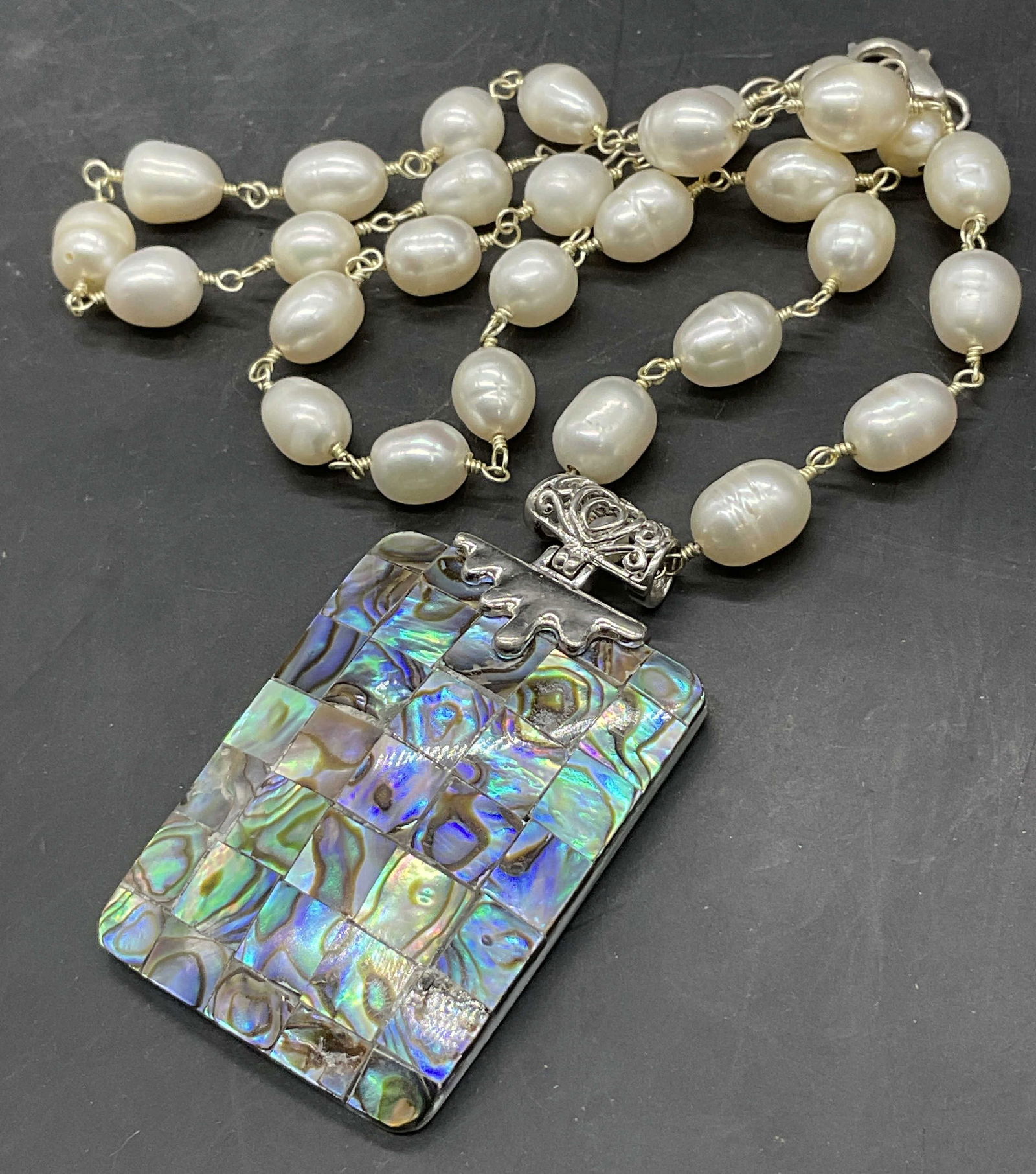 Sterling Silver Pearl & Abalone Shell Necklace (1 of 8)