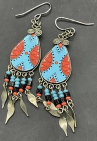Handmade Turquoise Blue Beaded Metal Earrings