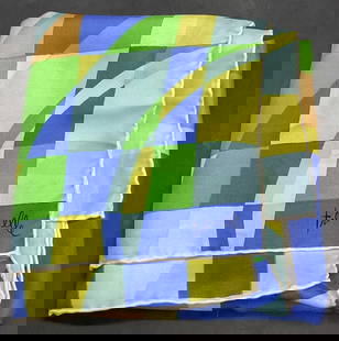 TRES ELLE Vintage Geometric Pattern Square Scarf: TRES ELLE Vintage Geometric Pattern Square Scarf. Multicolored hues throughout. Crafted from soft hand material. Measures approx. 26.5L x 26.5W in. Discoloration, residue, and surface wear present. Sc