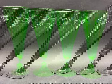 Set 4 Green Dragonfly Motif Art Glass Stemware