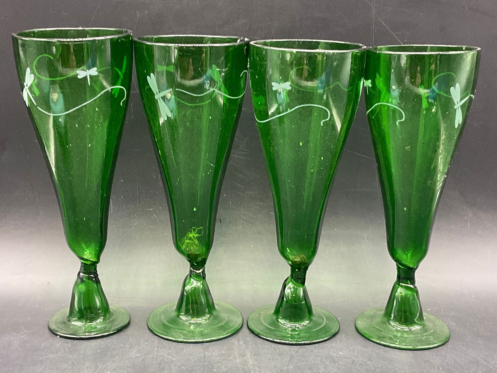 Set 4 Green Dragonfly Motif Art Glass Stemware (1 of 7)