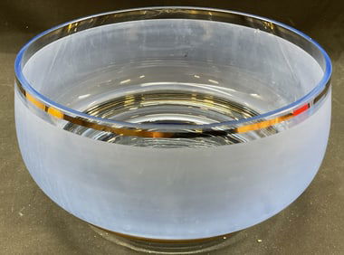 Vtg Satin Blue Crystal Serving Bowl Silver Band