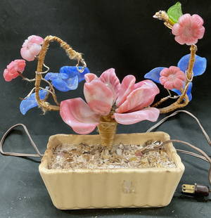 Vtg Art Glass Ceramic Floral Table Lamp: Vintage art glass ceramic floral table lamp. Pink and blue glass flowers attached to metal wiring. Electric cord attached. Rectangular ceramic pot. 6.5 x 9 x 3 inches. Not tested for function. Some di