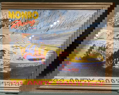 Signed Andy Santerre #44 NASCAR Framed Print: Framed print. Andy Santerre #44 Monro Racing Team. NASCAR. Signed at upper center. Image of #44 race car. Brown frame, not examined out of frame. Frame measures approx 8.75 x 10.75 inches. Some wear c