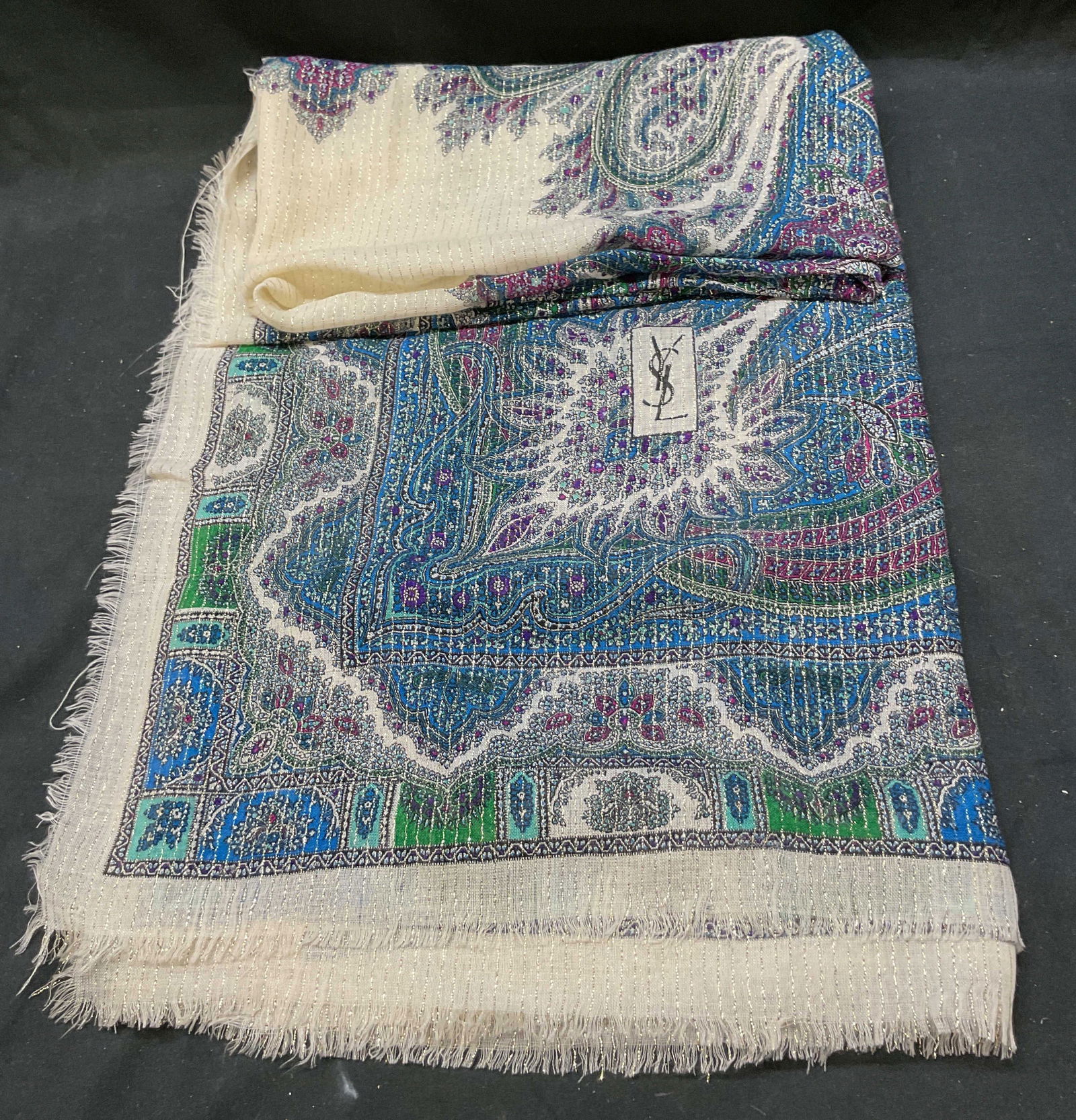 Vtg YSL Large Silk Fringed Shawl Scarf (1 of 6)