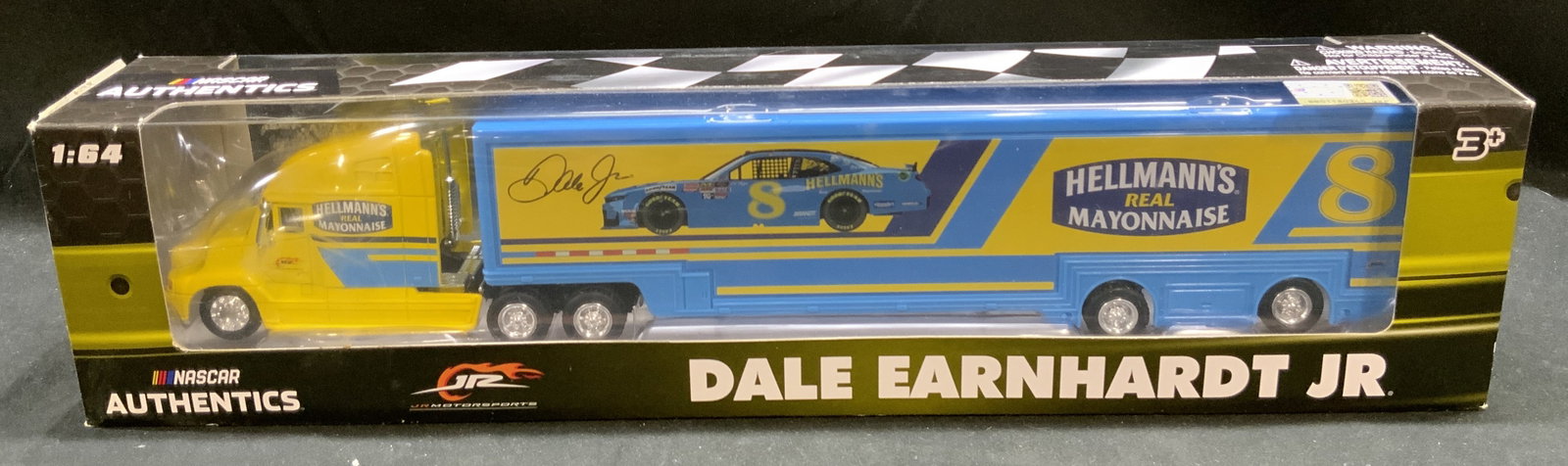 Dale Earnhardt Jr. NASCAR 1:64 Die Cast Hauler NIB: Dale Earnhardt Jr. NASCAR 1:64 Die Cast Hauler NIB NASCAR AUTHENTICS 1:64 Scale collectible die-cast hauler featuring the #8 of Dale Earnhardt Jr that is sponsored by Hellmans Mayonnaise. BRAND NEW IN