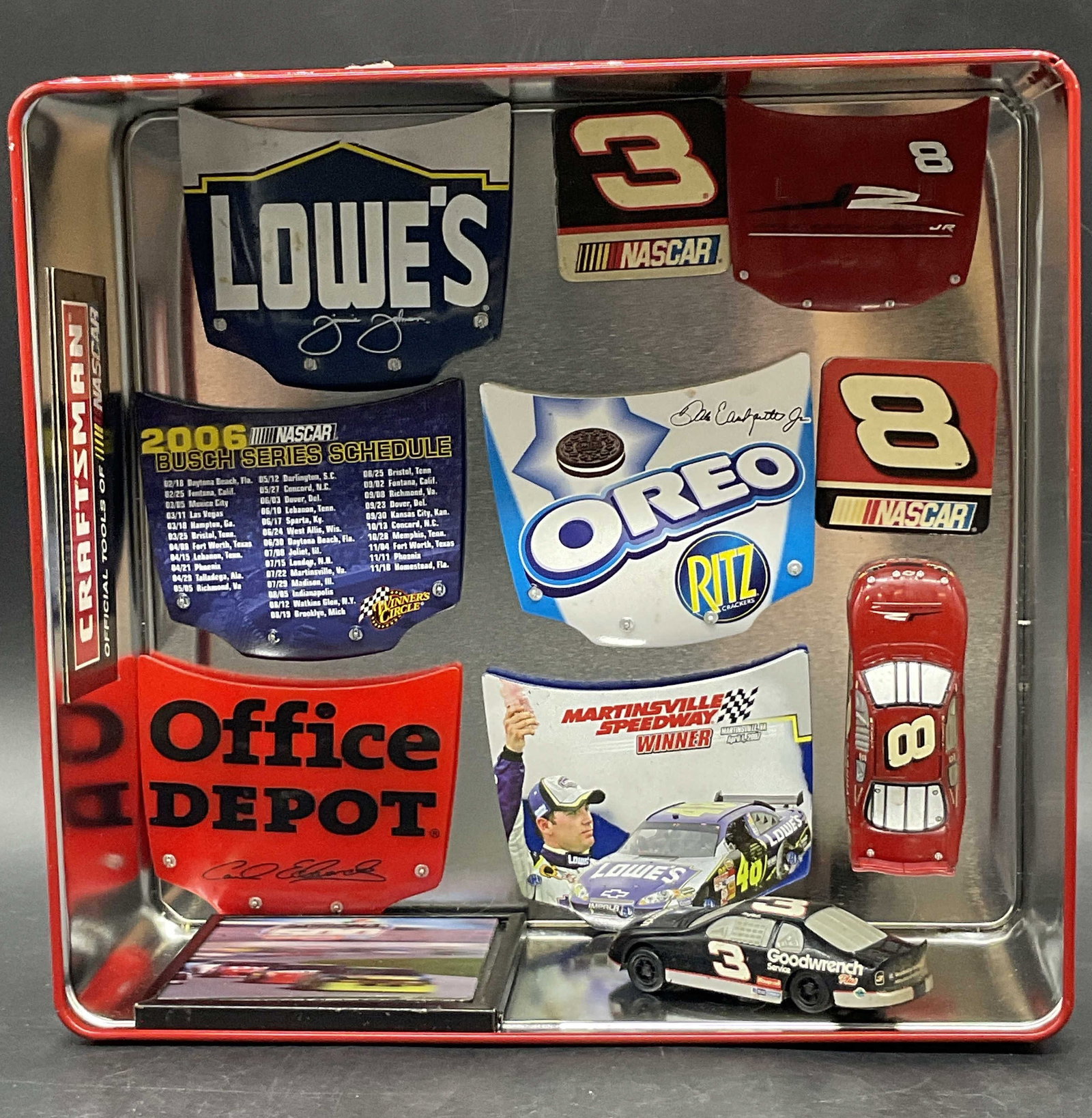 Lot 12 NASCAR Racing Motif Magnets, Toy Cars +: Lot 12 NASCAR Racing Motif Magnets. Includes toy car models, hood figurals with advertisements on them, and more. The pieces come with the base of a metal tin. The #3 Goodwrench car magnet measures ap