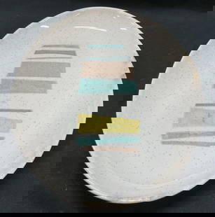 Vtg VERNONWARE Pastel Anytime Oval Platter USA: Vintage VERNONWARE pastels anytime oval platter. Colorful pastel tripled pattern. Brown speckled plate. Signed on underside. Made in USA. 11 x 8 inches. Some surface wear consistent with exposure, som