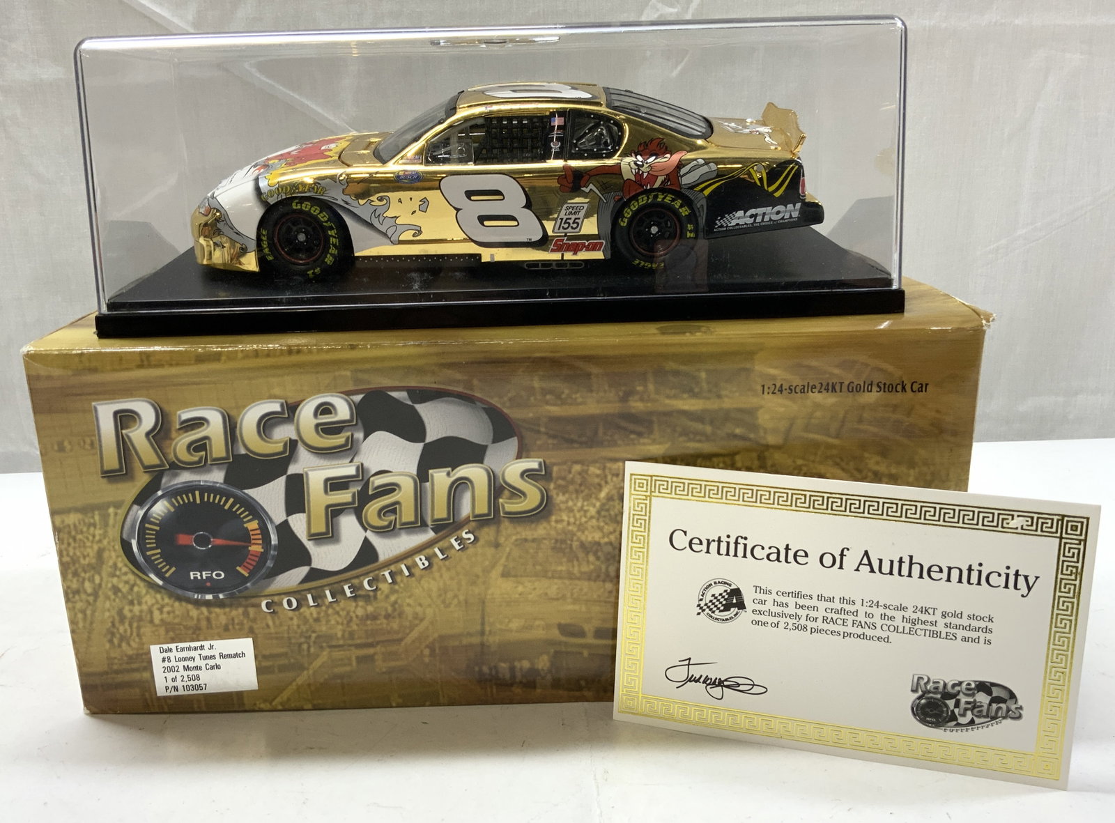 2002 Dale Earnhardt Jr.#8 1:24 Scale 24KT Gold Car: 2002 Dale Earnhardt Jr.#8 1:24 Scale 24KT Gold Car. NIB. Race Fans Collectibles. 1 0f 2508Item is a limited edition collectible featuring Dale Earnhardt Jrs. #8 Looney Tunes Rematch 2002 Monte Claro c
