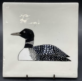 AB 84 Sgn Vintage Hand Painted Ceramic Loon Tile